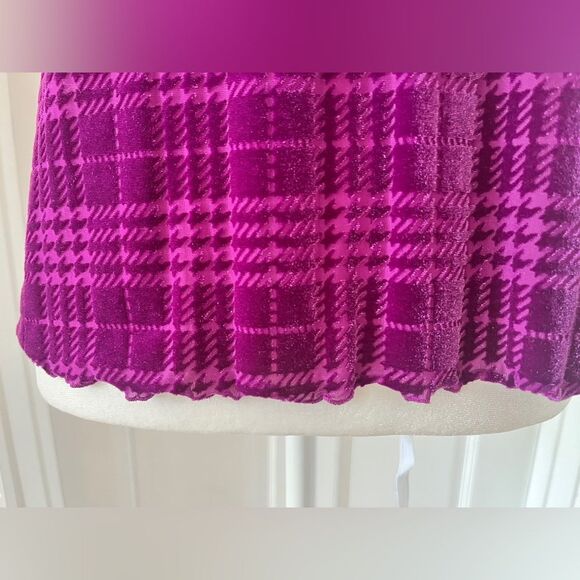 Nine West Purple Plaid Velvet Lettuce Hem Short Sleeve Blouse Small Burnout - Picture 8 of 11